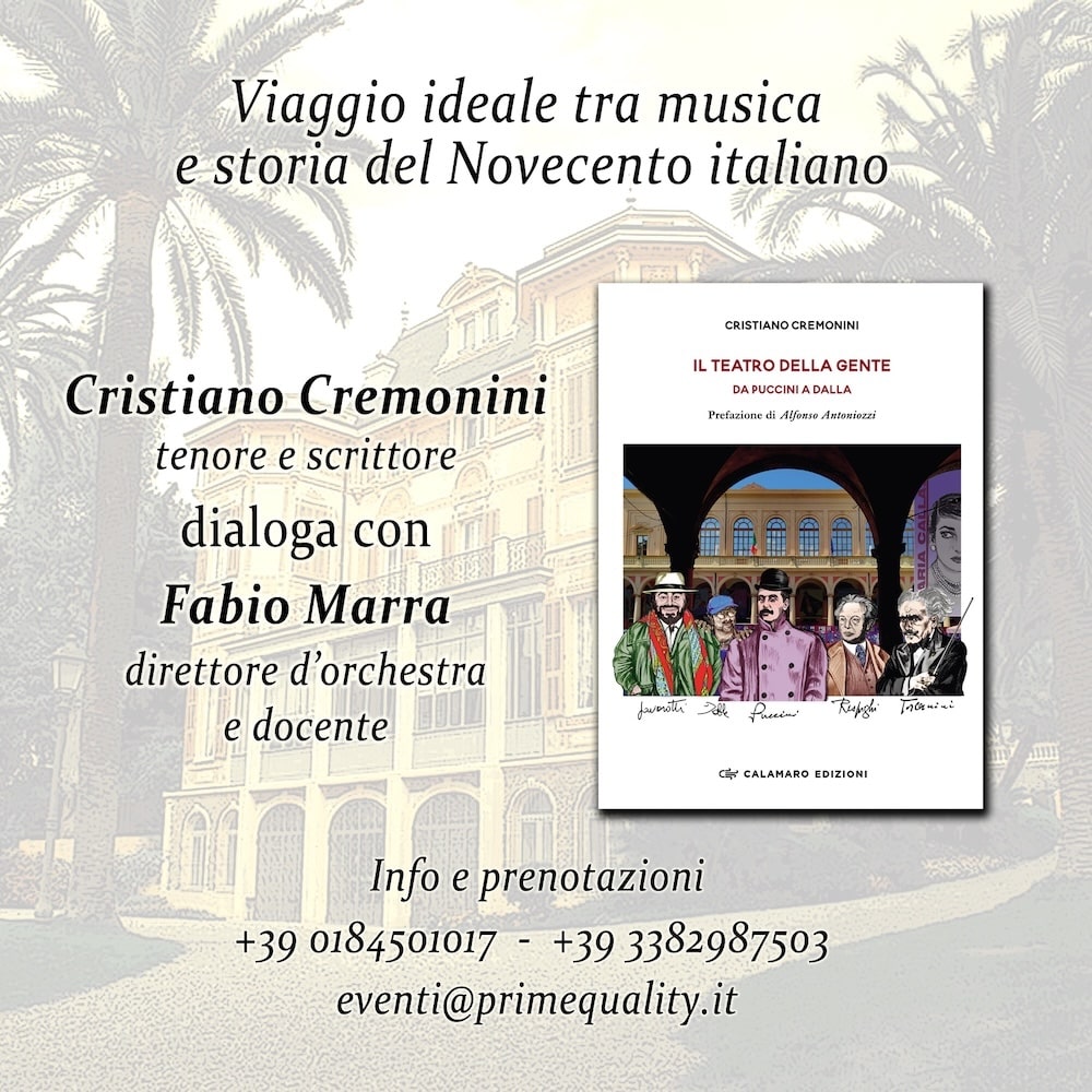 Il tenore e scrittore bolognese Cristiano Cremonini giovedì 3 luglio 2025 pomeriggio sarà ospite della lussuosa "Villa Nobel" a Sanremo per presentare il suo nuovo libro "Il teatro della gente. Da Puccini a Dalla"