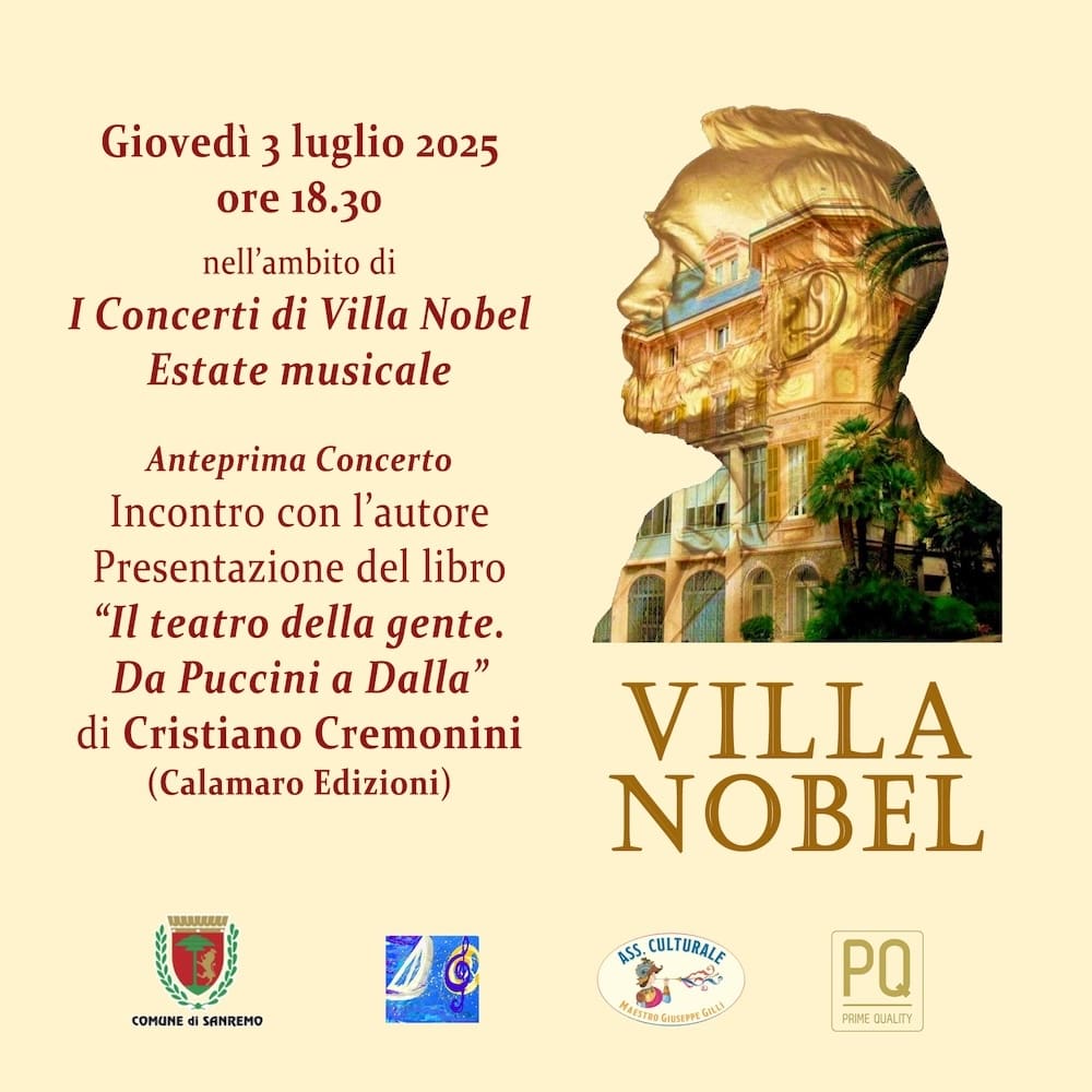 Il tenore e scrittore bolognese Cristiano Cremonini giovedì 3 luglio 2025 pomeriggio sarà ospite della lussuosa "Villa Nobel" a Sanremo per presentare il suo nuovo libro "Il teatro della gente. Da Puccini a Dalla"